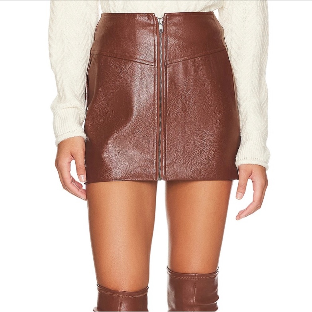 Astr Brown Front-Zip Faux Leather Mini Skirt